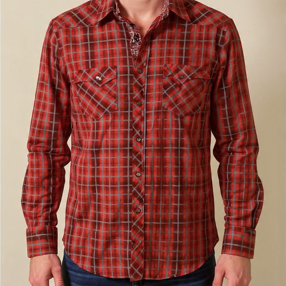 Rock & Roll Cowboy plaid red western shirt medium